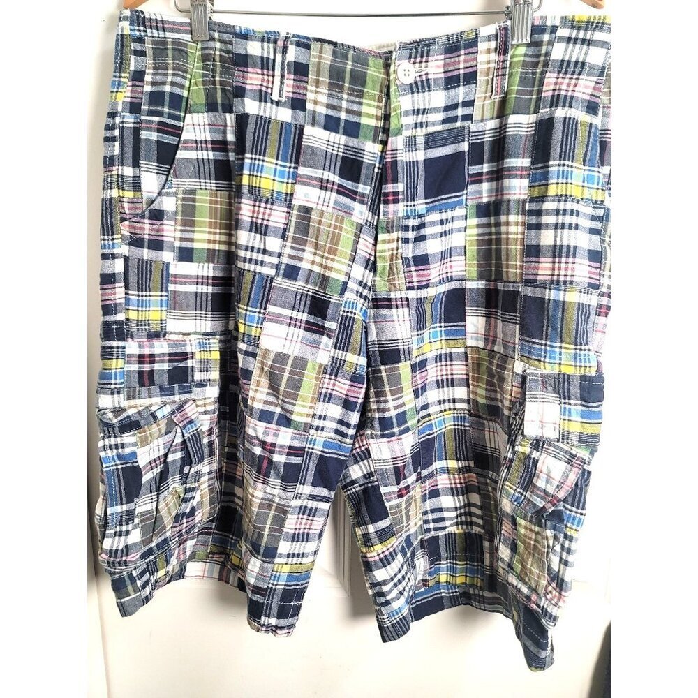 Old Navy Patchwork‎ Madras Cargo Shorts Mens 34Multicolor Plaid Preppy Y2k 90s